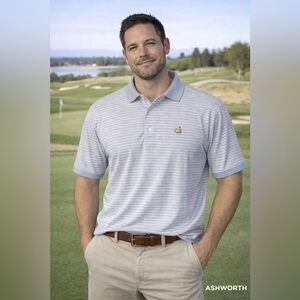 Ashworth Men's Polo Shirt - Light Blue Stripes - Master’s Logo